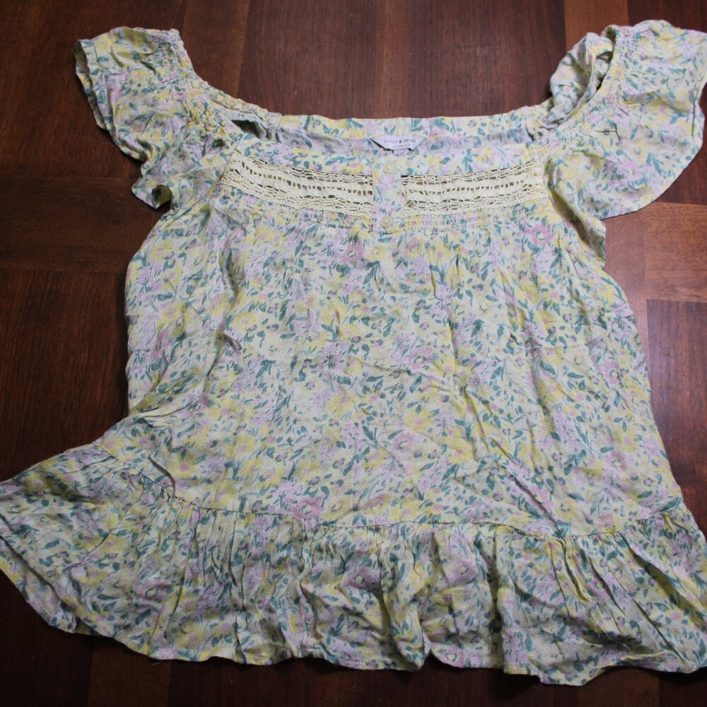 Lucky Brand Yellow Floral Elastic Off Shoulder Sleeves Henley Size Large NWT